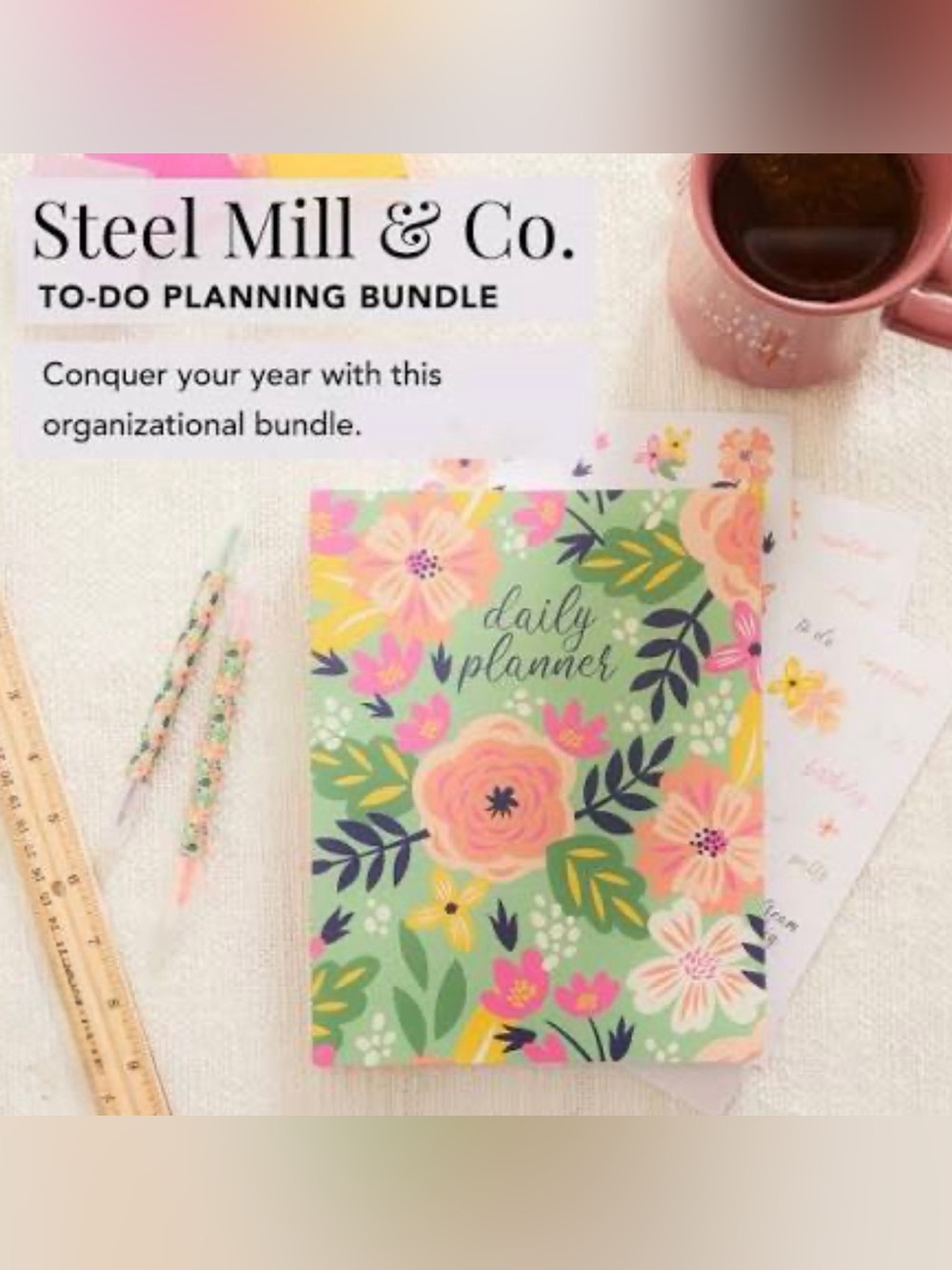 Floral Daily Planner Notebook - Mint with Pink & Yellow Blooms